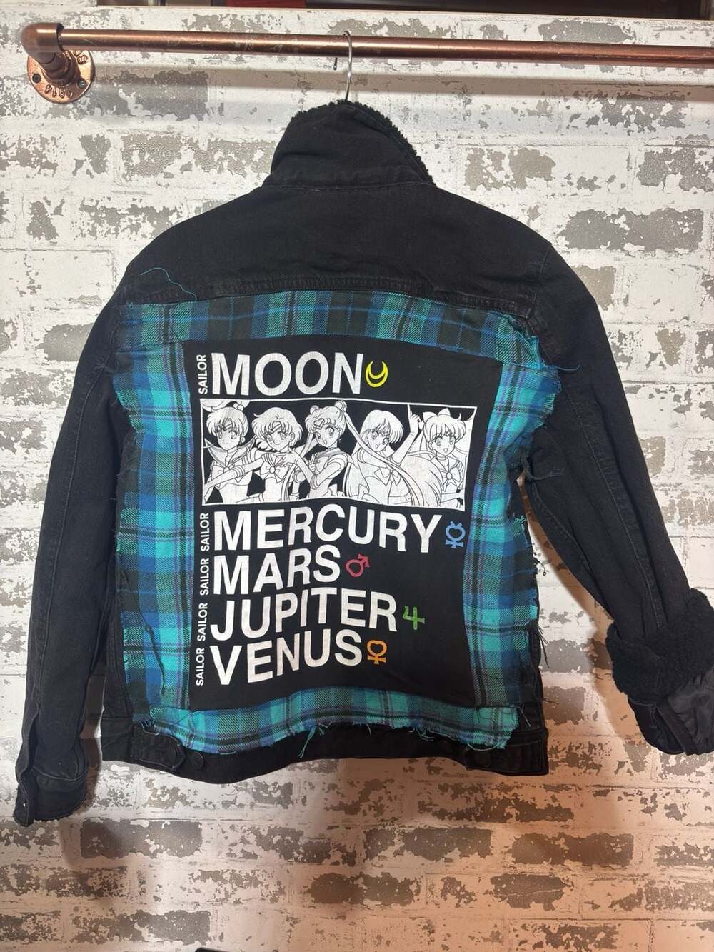 Levi's Custom Sailor Moon Graphic Patch Black Sherpa-Lined Denim Trucker Jacket